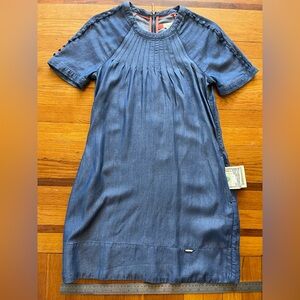 Ted Baker Women's 1 Mini Dress Blue Denim Frilled Ruffle Crew Neck